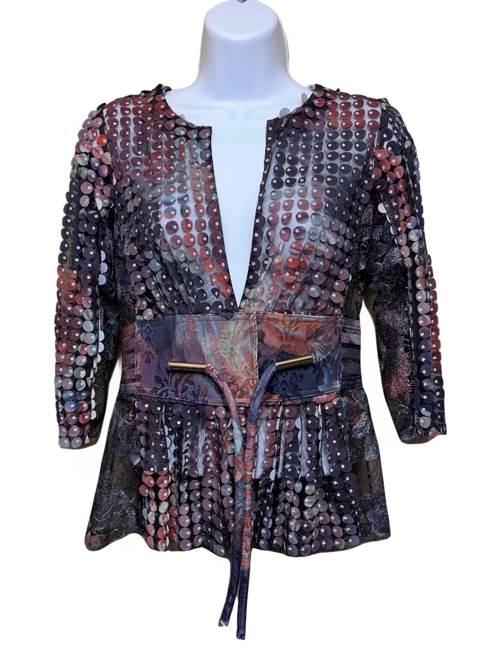 Byron Lars Beauty Mark Mesh Mixed Media Belted Top Size 4 - Picture 5 of 8